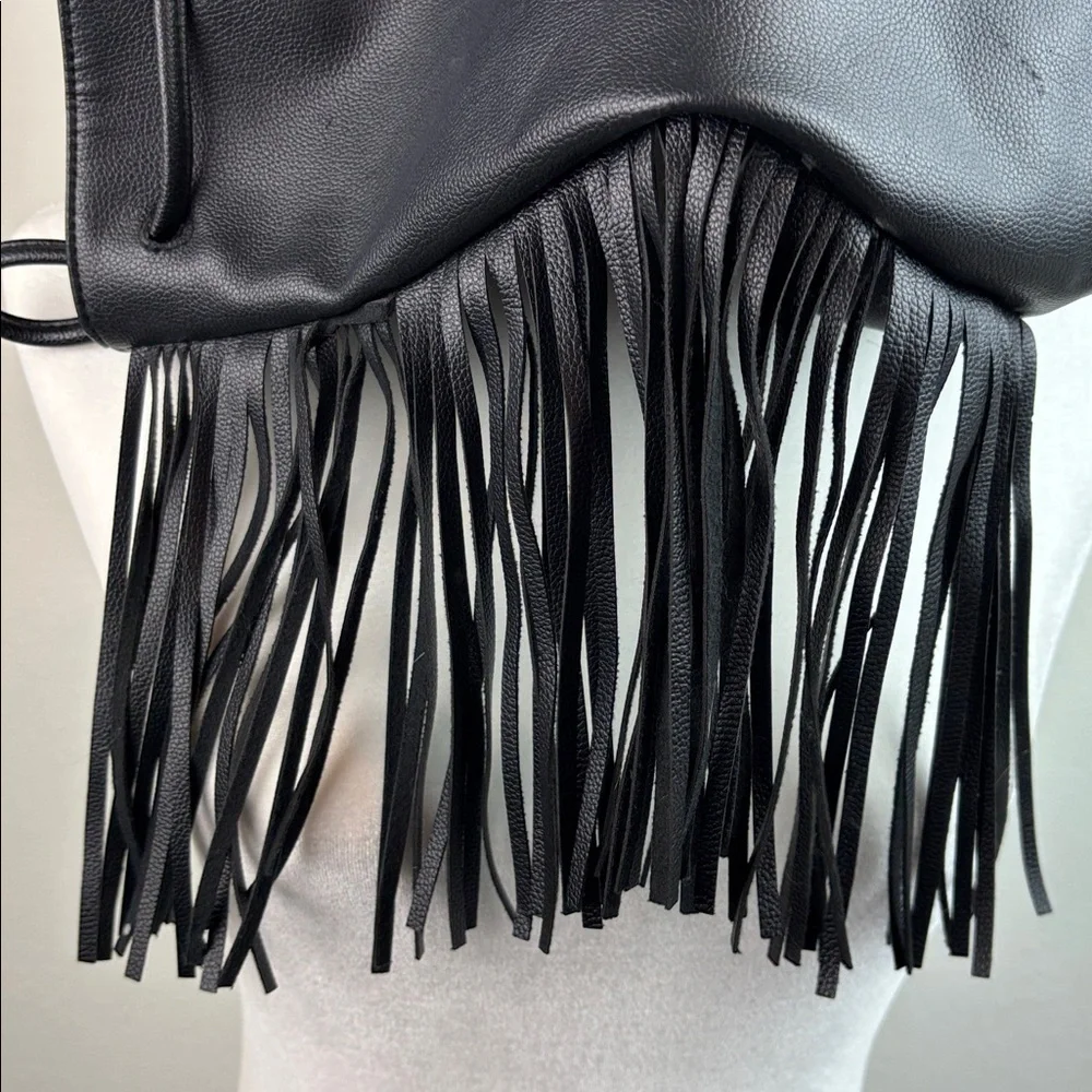 Victoria's Secret Black faux leather boho fringe bag backpack drawstring tote - Picture 12 of 13